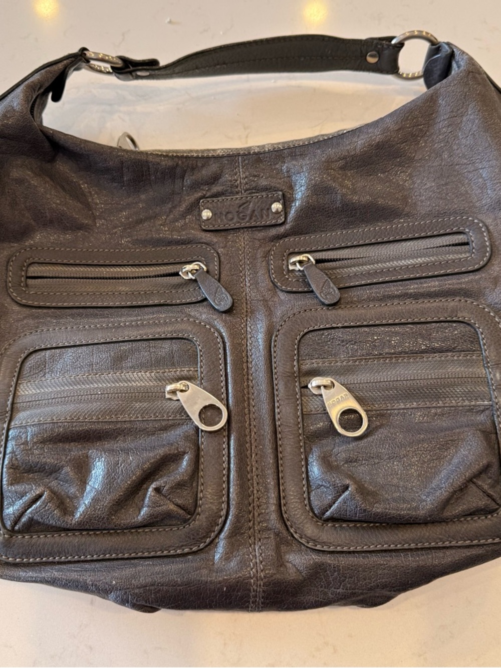 Hogan Brown Leather Hobo Bag with Front Zip Pockets